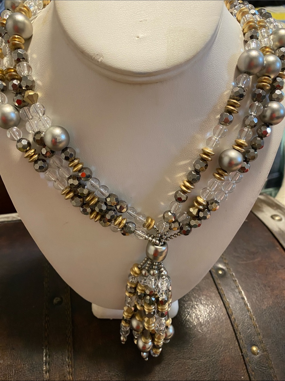 YSL Elegant Multi-Strand Silver and Gold Beaded Tassel Necklace